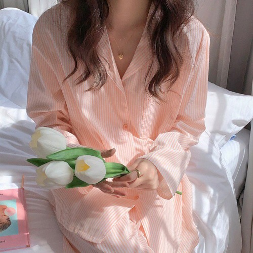 세이 스트라이프 긴소매 여자 파자마 핑크 우정 잠옷